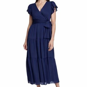 DKNY Women’s Wrap Cap-Sleeve Tiered Midi Dress Size 8 Wedding Guest /Bridesmaid